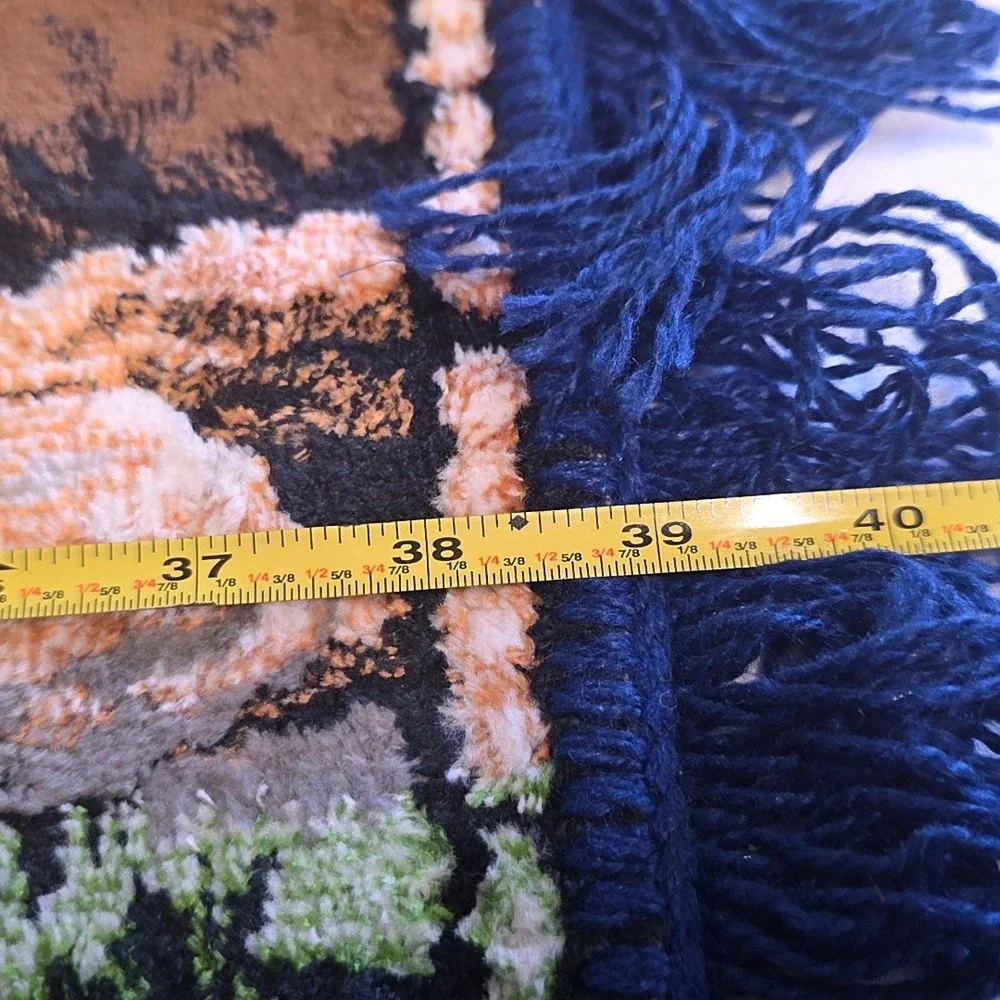 Vintage Ram Tapestry Blue Bighorn Sheep Mountain Velvet Fringed Wall Hanging
